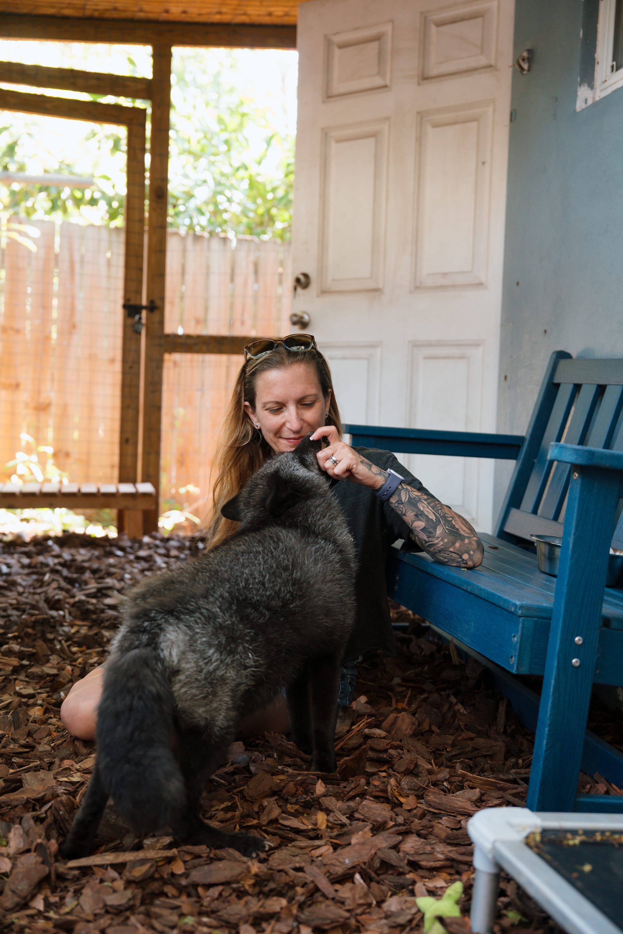 A Pawsitive Beginnings caregiver sharing a quiet moment with a rescued fox at the sanctuary