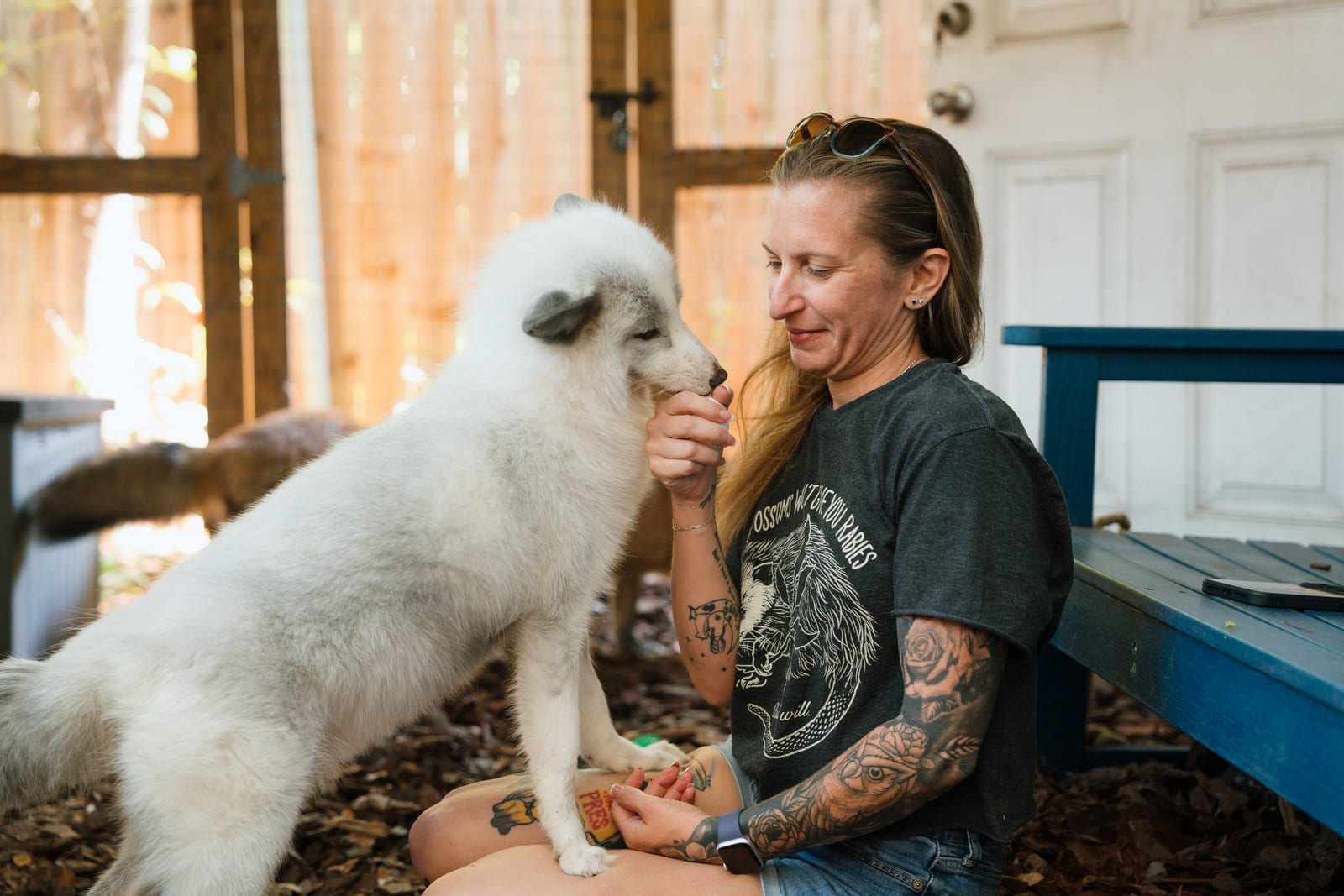 A Pawsitive Beginnings caregiver and a rescued arctic fox sharing a quiet moment at the sanctuary